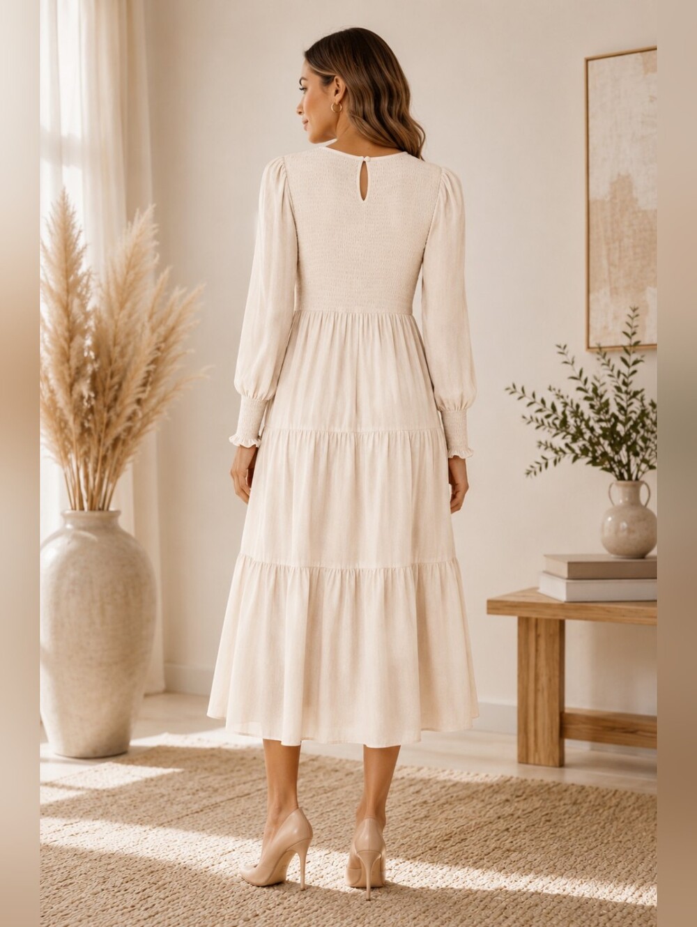ZESICA Women’s Beige Smocked Tiered Midi Dress Long Sleeve Cottagecore XL NWT - Picture 2 of 6